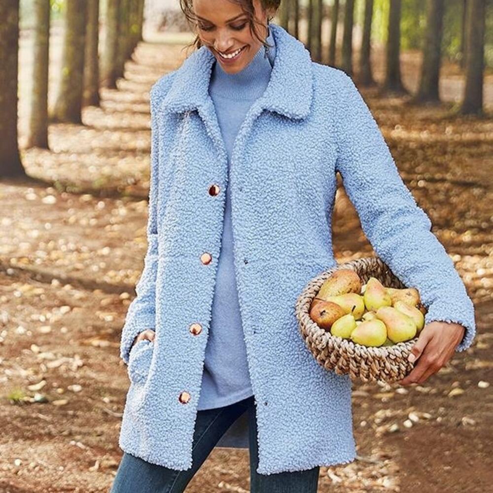 Soft Surroundings Contesse Long Sleeve Faux Sherpa Coat Carolina Blue Medium - Picture 1 of 11